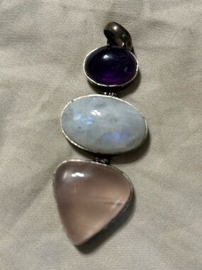 Three-Stone Amethyst, Moonstone and Rose Quartz Pendant - Women Jewelry